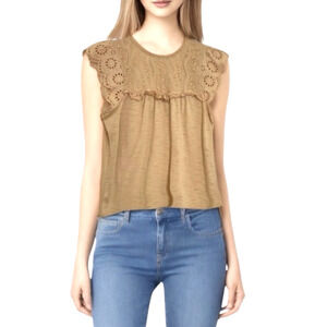 LC Lauren Conrad Cap Sleeve Babydoll Top Size S Butterscotch Beige Eyelet Y2K